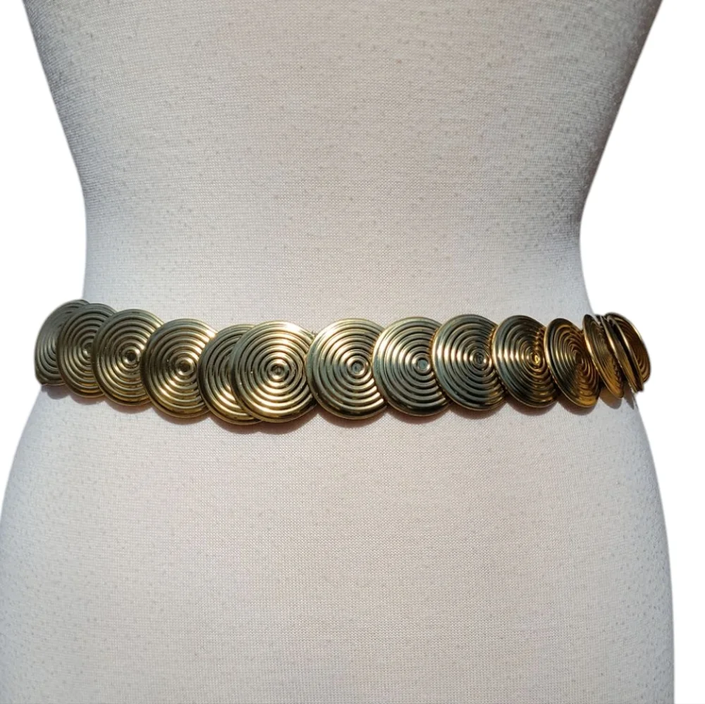 Vintage Gold Tone Disc Stretch Belt | Mod Disco Glam Statement Waist Belt - Picture 5 of 12